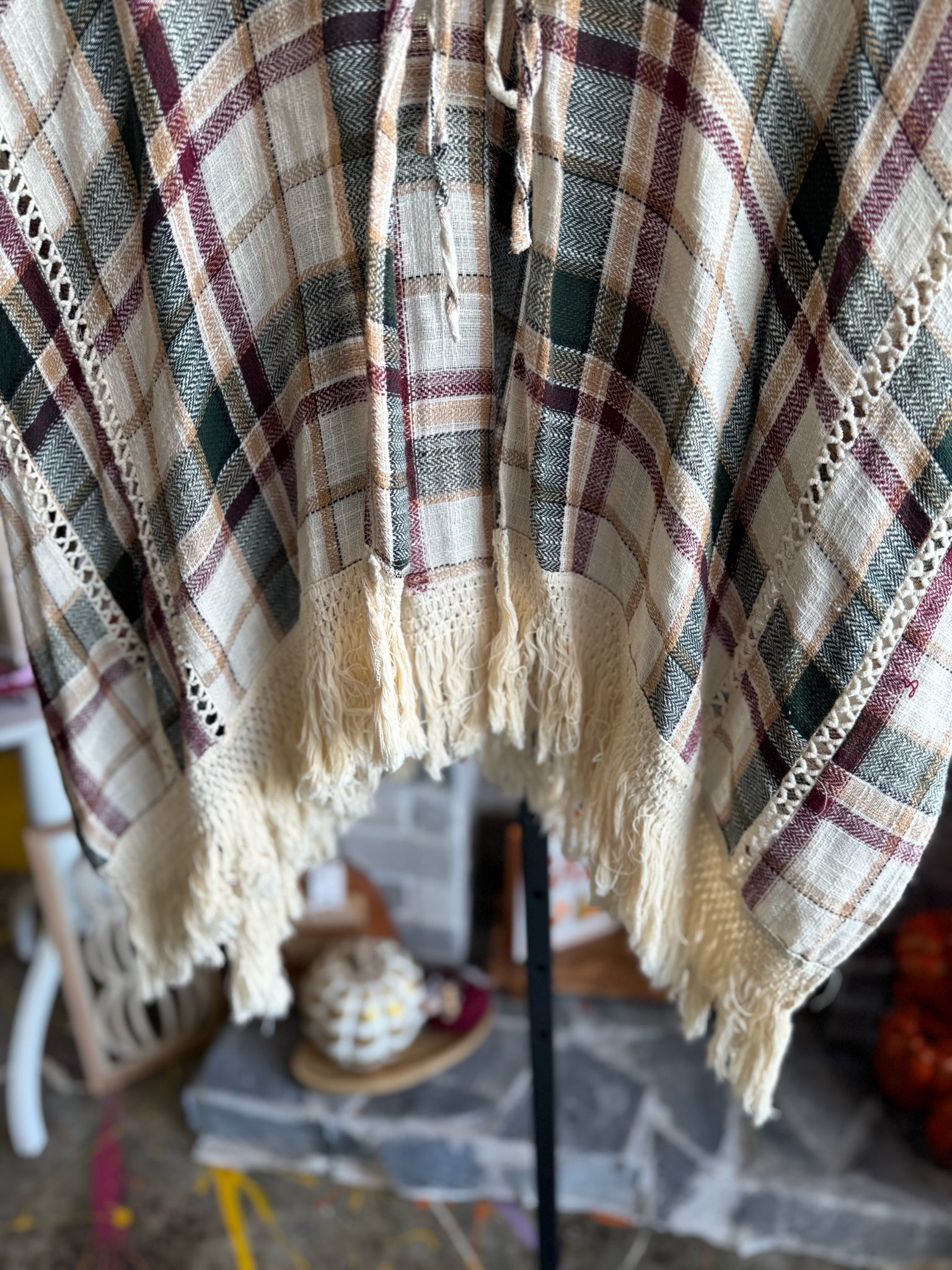 Tassle and Lace Plaid Shawl