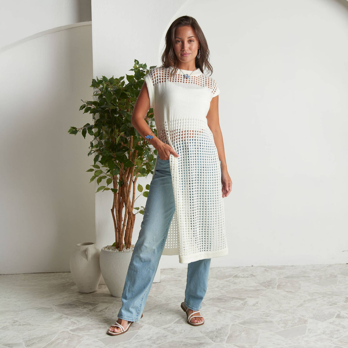 SALE - Azalea Sleeveless Longline Crochet Sweater