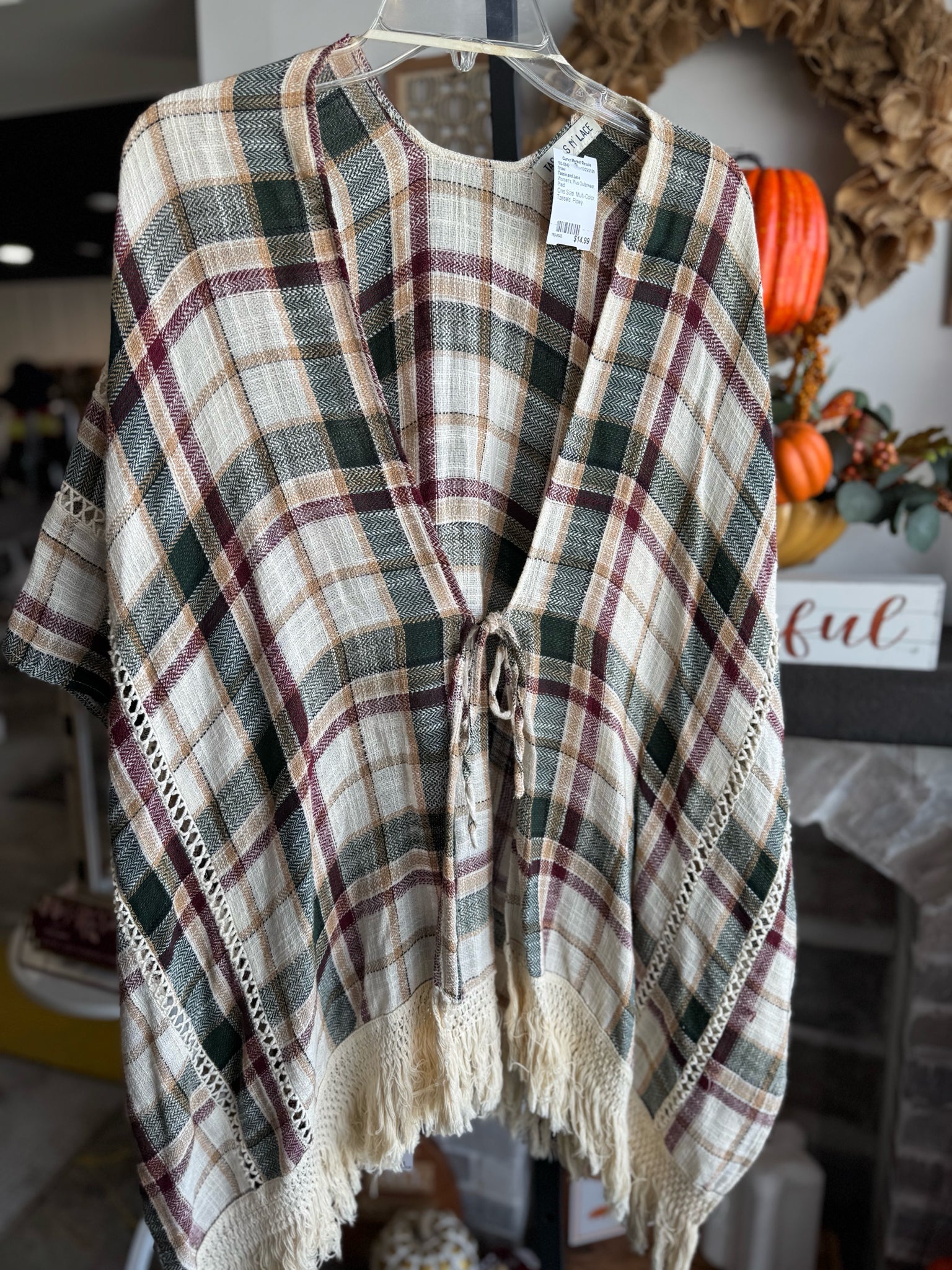 Tassle and Lace Plaid Shawl